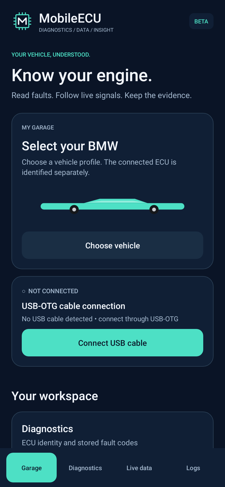 MobileECU Android beta Garage screen with no vehicle selected and no USB cable connected