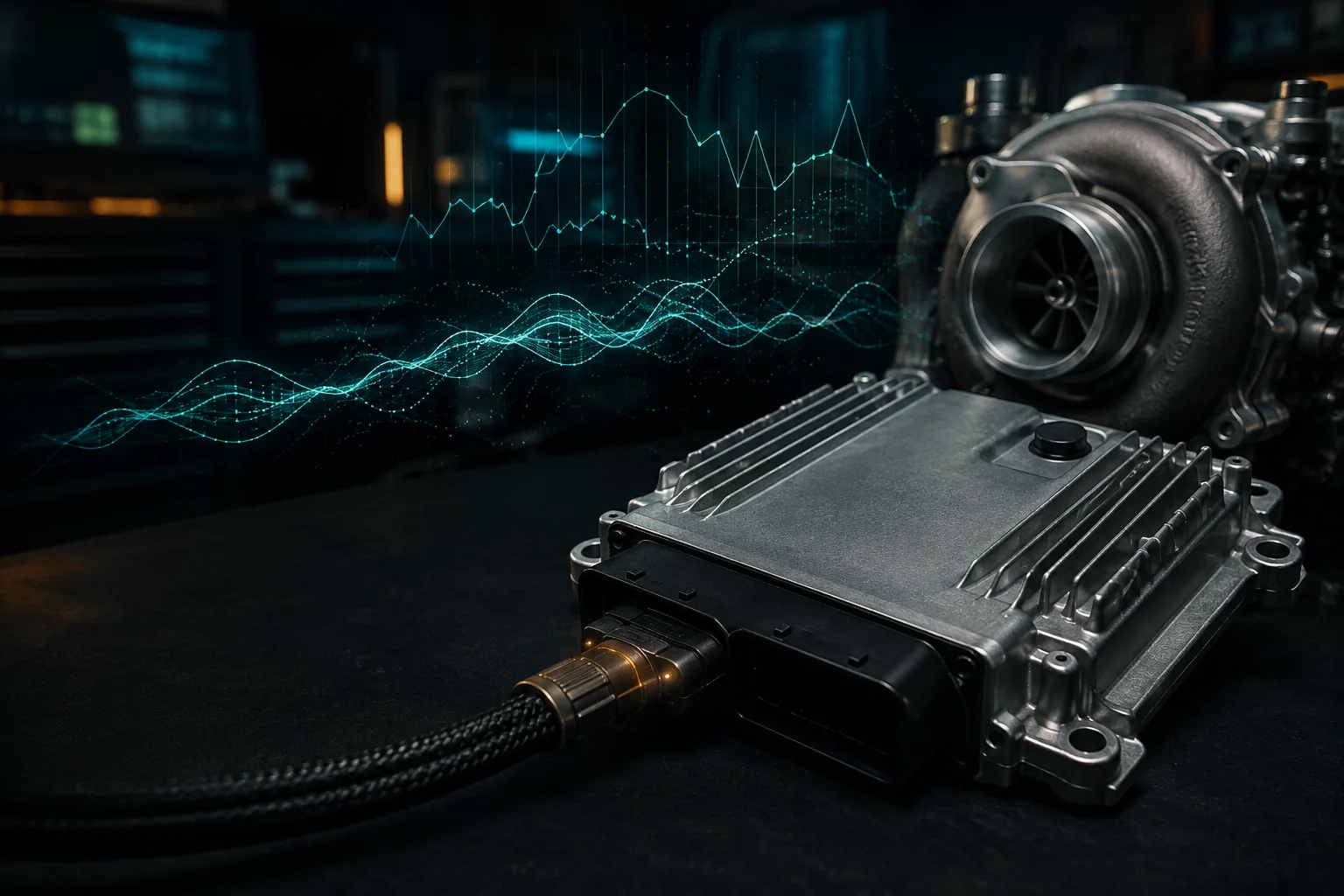 Technical illustration of an engine control unit and turbocharger